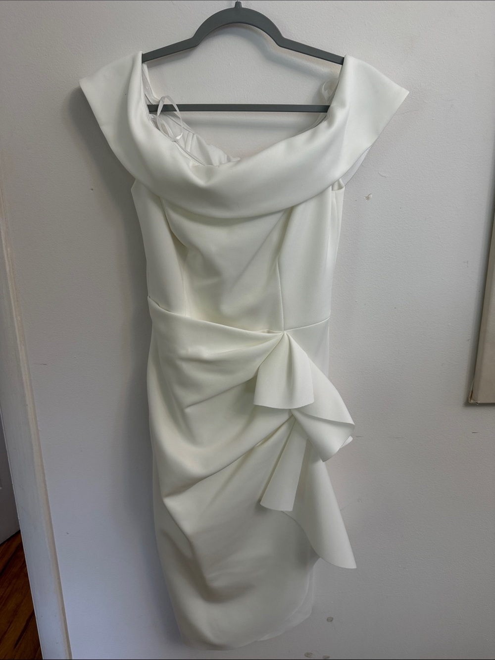 Xscape White Off-Shoulder Midi Dress with Draped Side Ruffle